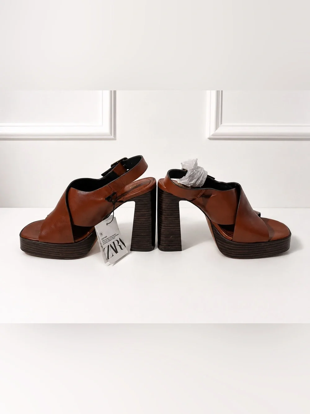 ZARA Women's Brown Leather Platform Slingback Heeled Sandals NWT 7.5